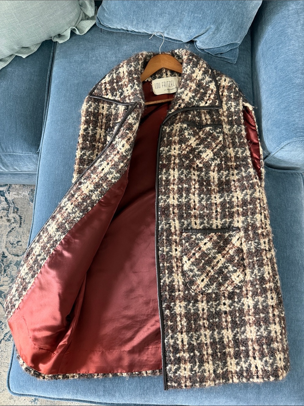 Lou Fratzel Tweed Vest, sleeveless coat, faux leather Lining - Brown Cream Plaid